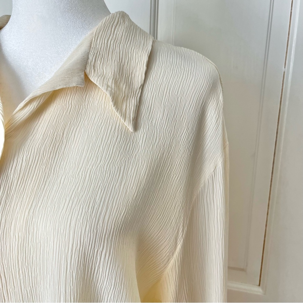 Vintage 100% Silk Butter Yellow Plisse Button Down Shirt Top Large Quiet Luxury - Picture 4 of 10